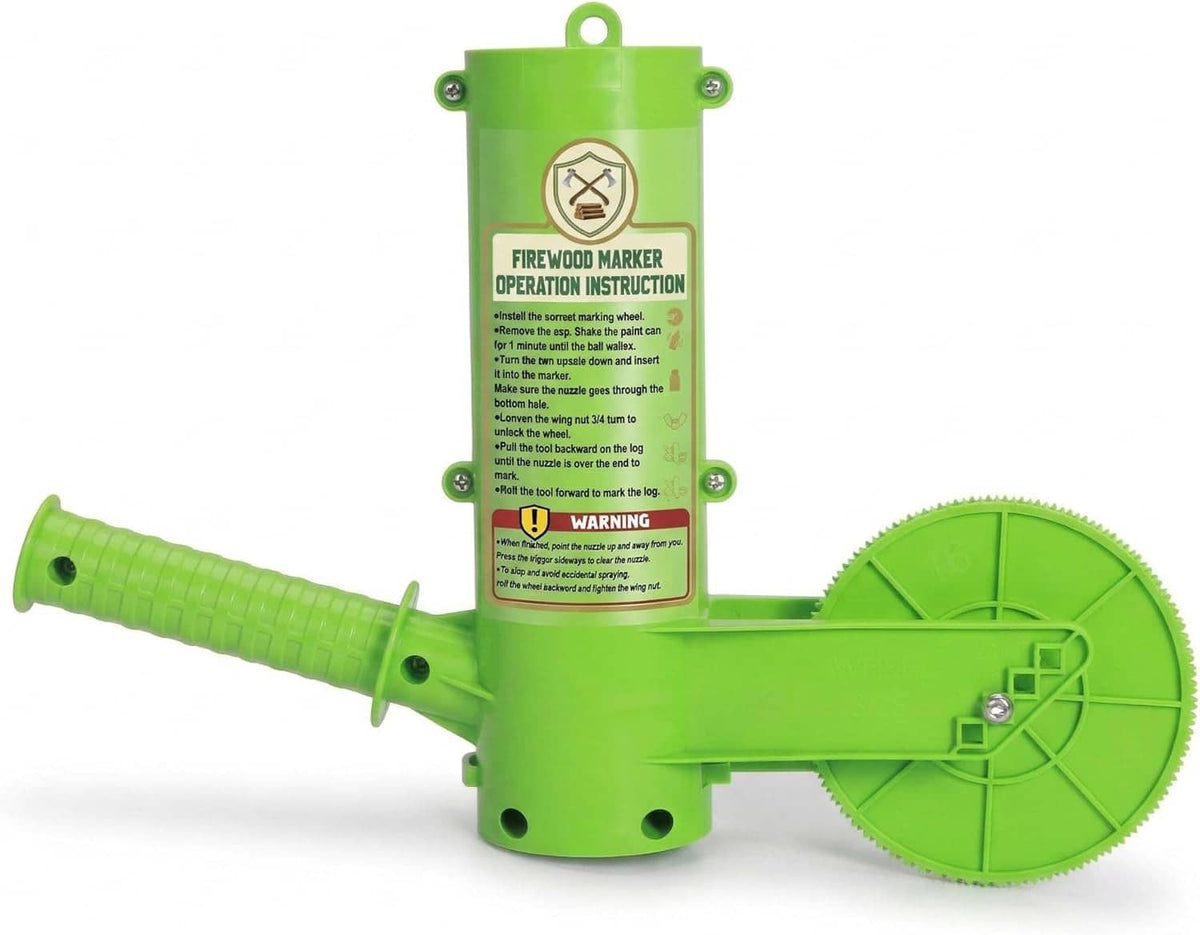 Green firewood marker tool front view with instruction label and 16-inch roller wheel