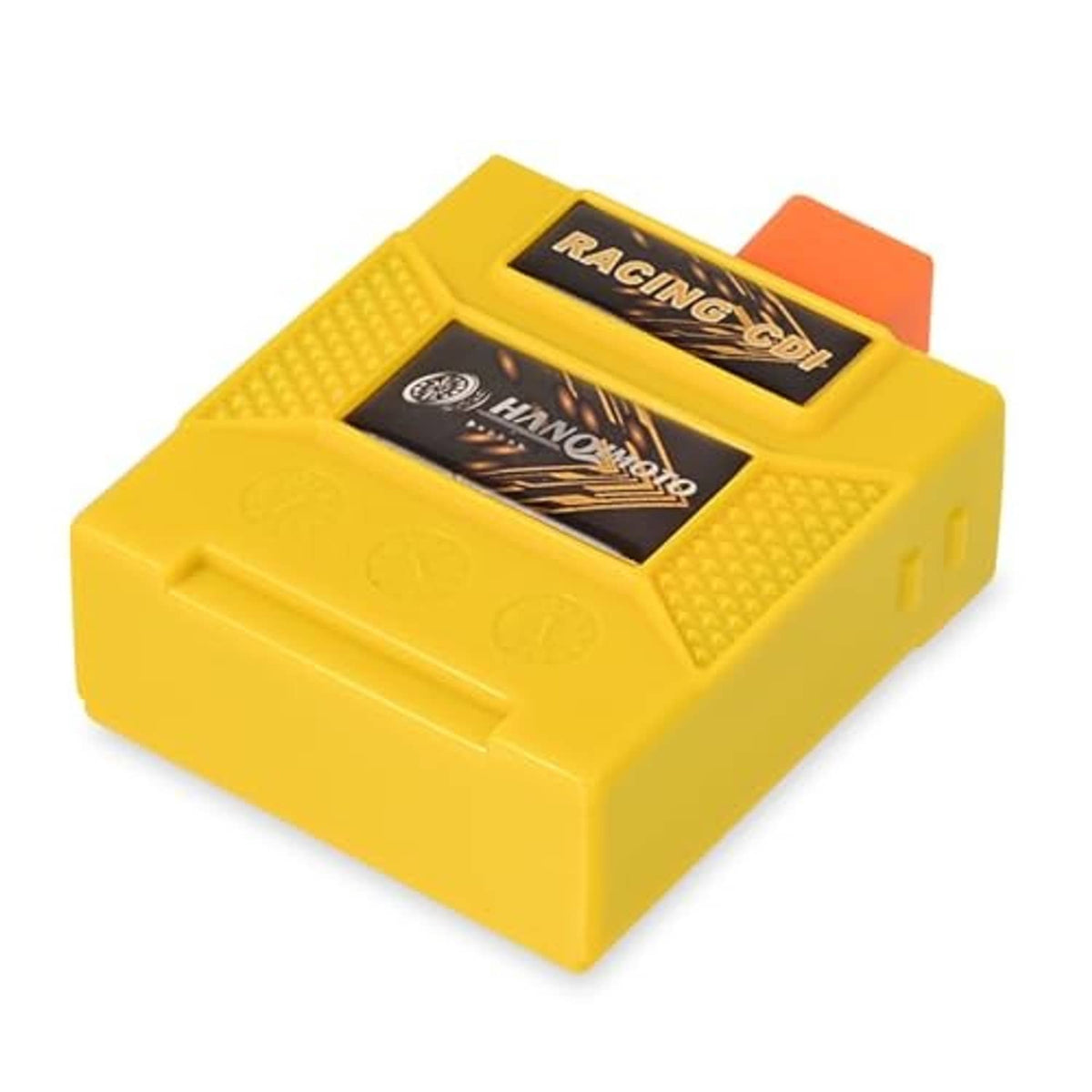 Yellow CDI ignition box with orange connector and racing graphic label on top