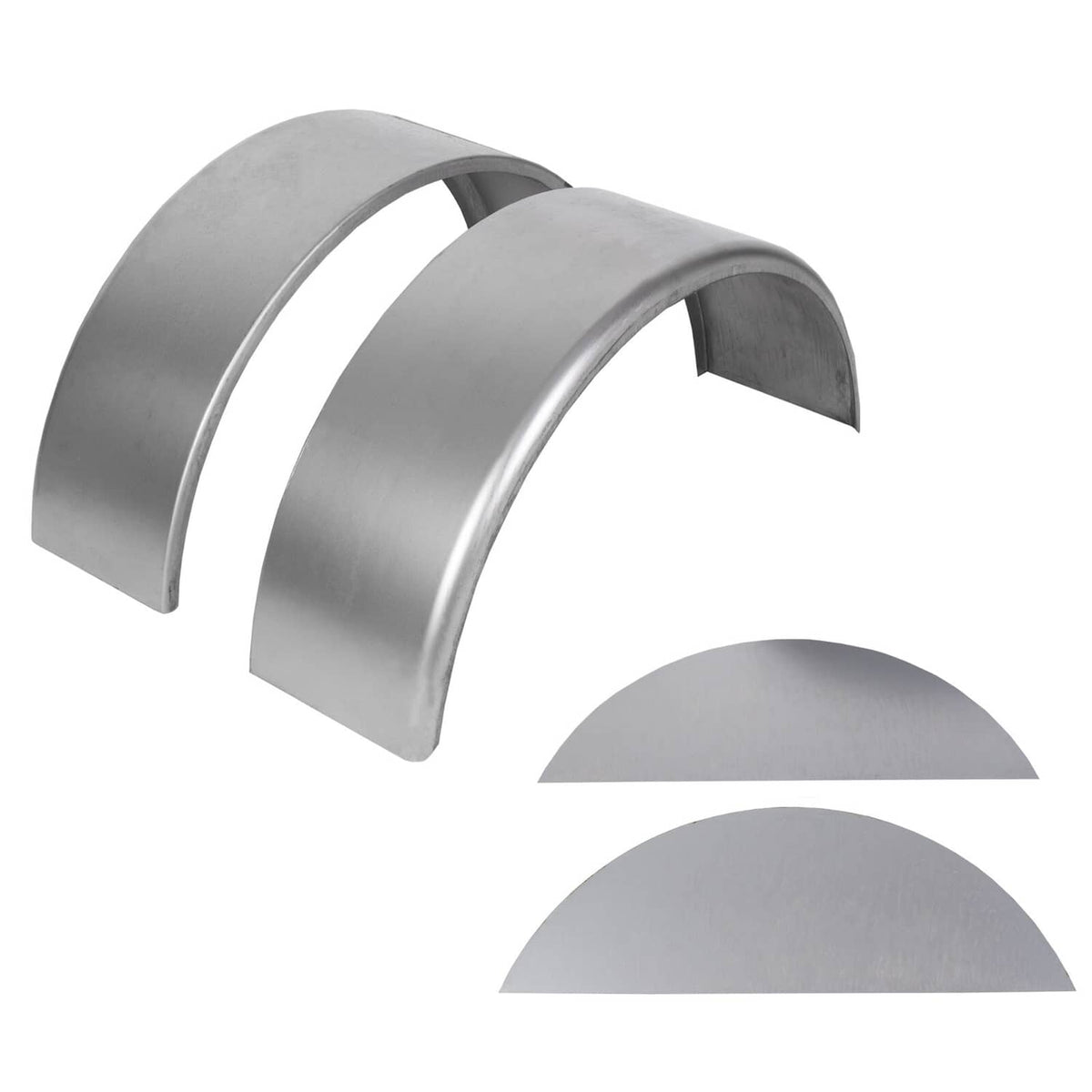 Two curved steel round fenders and two curved back plate covers, silver-gray