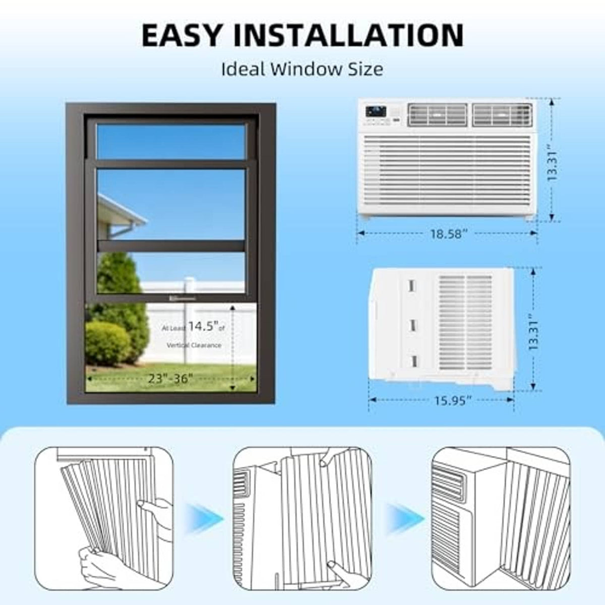 White window air conditioner shown with installation size diagram and window opening outline.