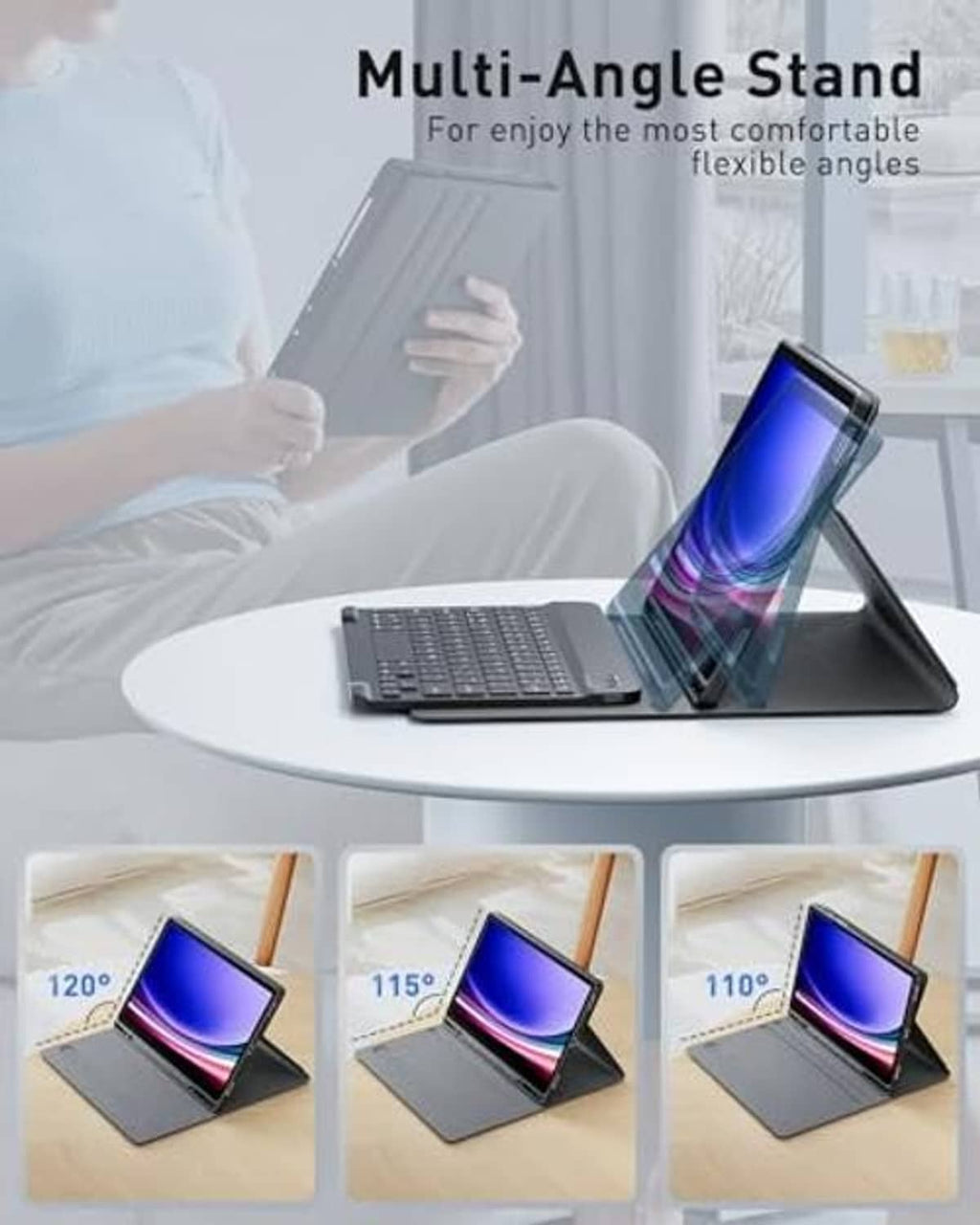 Black folio keyboard case with multi-angle stand, tablet propped on base