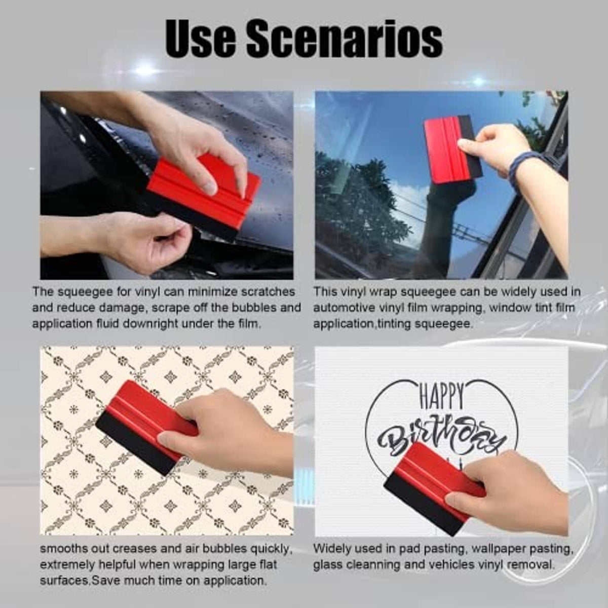 Red felt-edge squeegee in hand for smoothing vinyl wrap on a glass surface