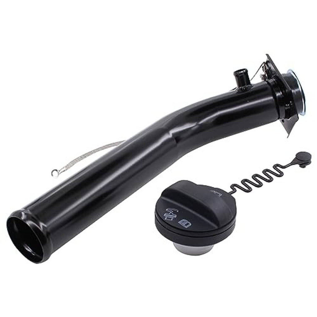 Long black fuel filler neck pipe with cap and tether spring