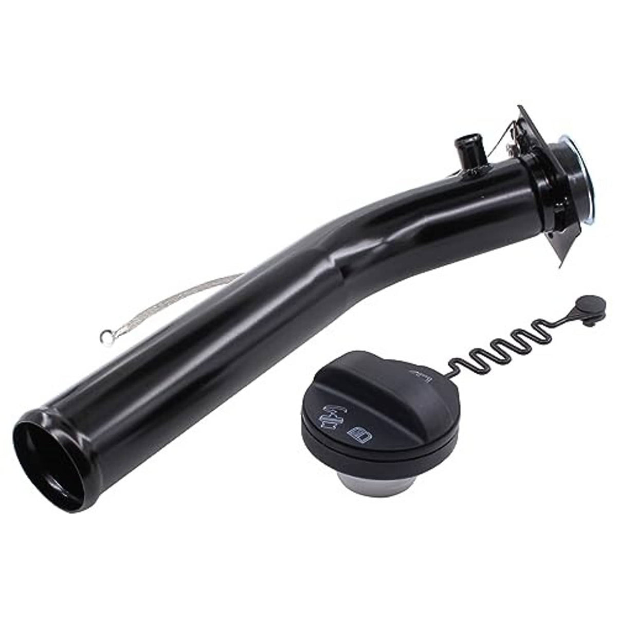 Long black fuel filler neck pipe with cap and tether spring