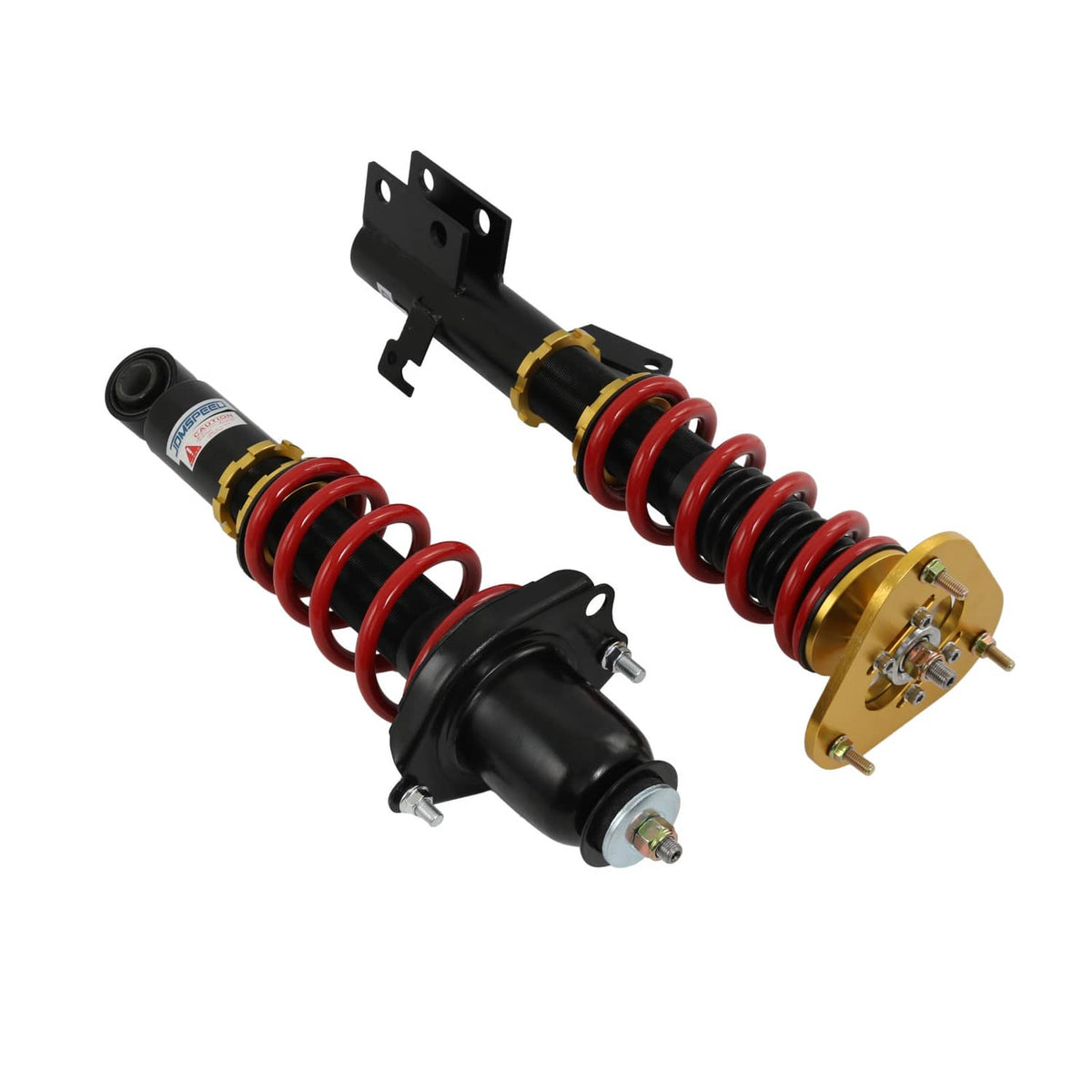 Coilover strut pair with red springs, black dampers, gold mounts and bracket hardware