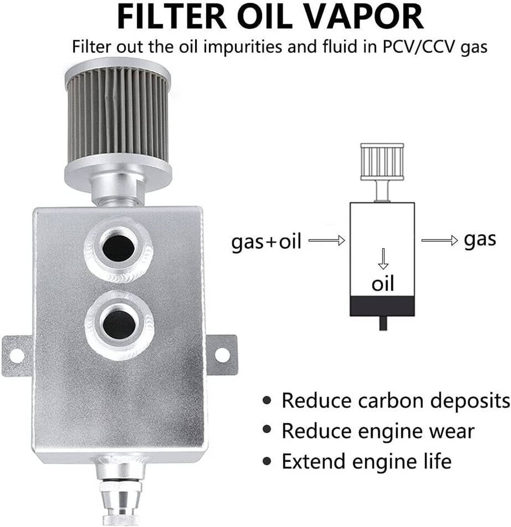 Baffled oil catch can tank with breather filter, dual AN10 ports