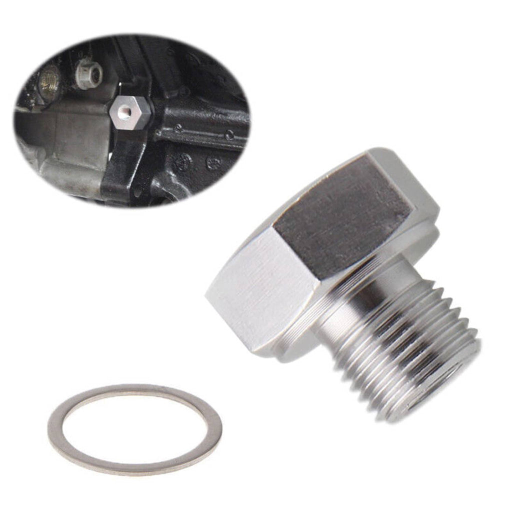 Oil pressure sensor adapter with hex body, M16x1.5 male to 1/8 NPT female, includes seal