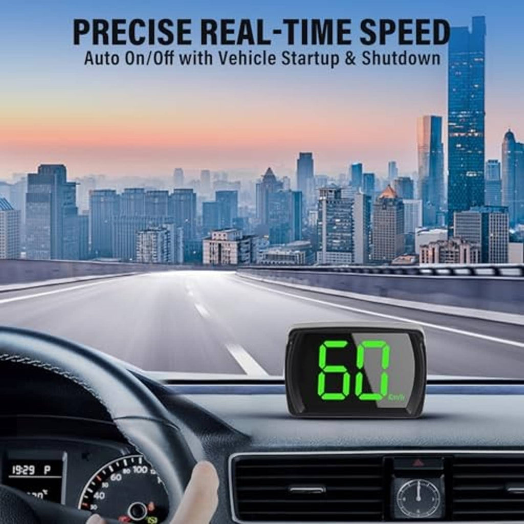 Black HUD speedometer showing green 60 MPH digits mounted on dashboard