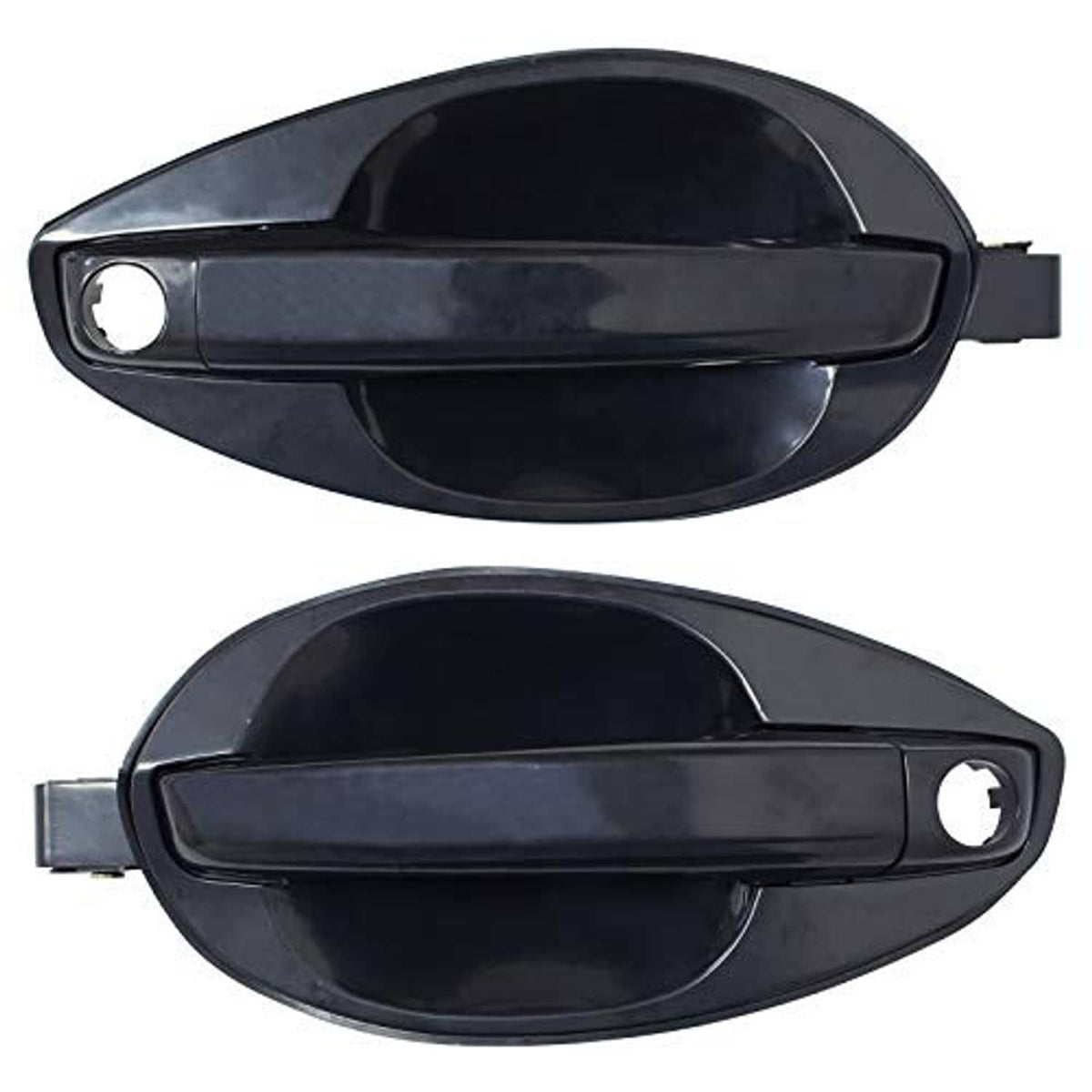 Front exterior door handles, black plastic with key/lock cylinder cutouts