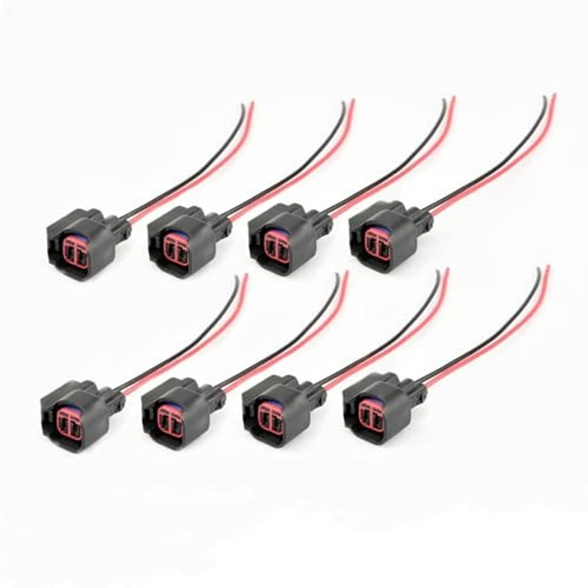 Fuel injector pigtail connector set, eight gray plugs with red and black leads