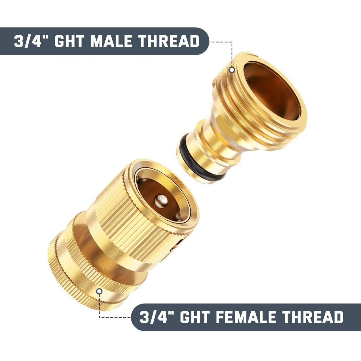 Brass hose quick-connect with ribbed male and female 3/4 GHT threads and O-ring