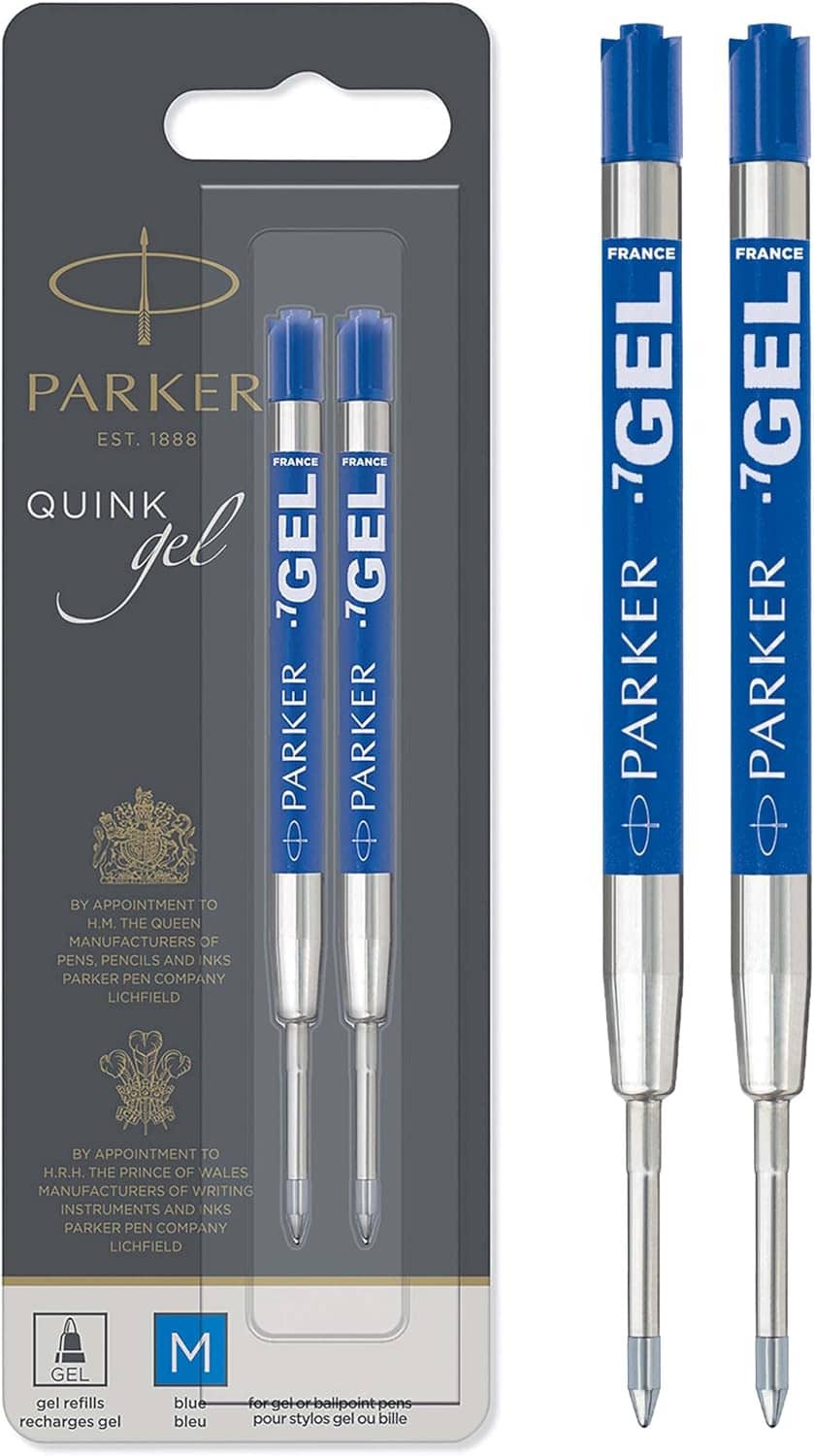 Parker Quink gel roller refill pens, medium conical tip, blue ink, 2-pack