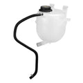 White engine coolant expansion reservoir with black hose and metal connector
