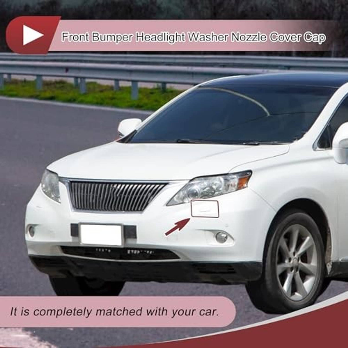 Front bumper headlight washer nozzle cover cap shown on vehicle front left