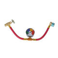Refrigerant charge hose kit with pressure gauge and brass fittings, red hose.