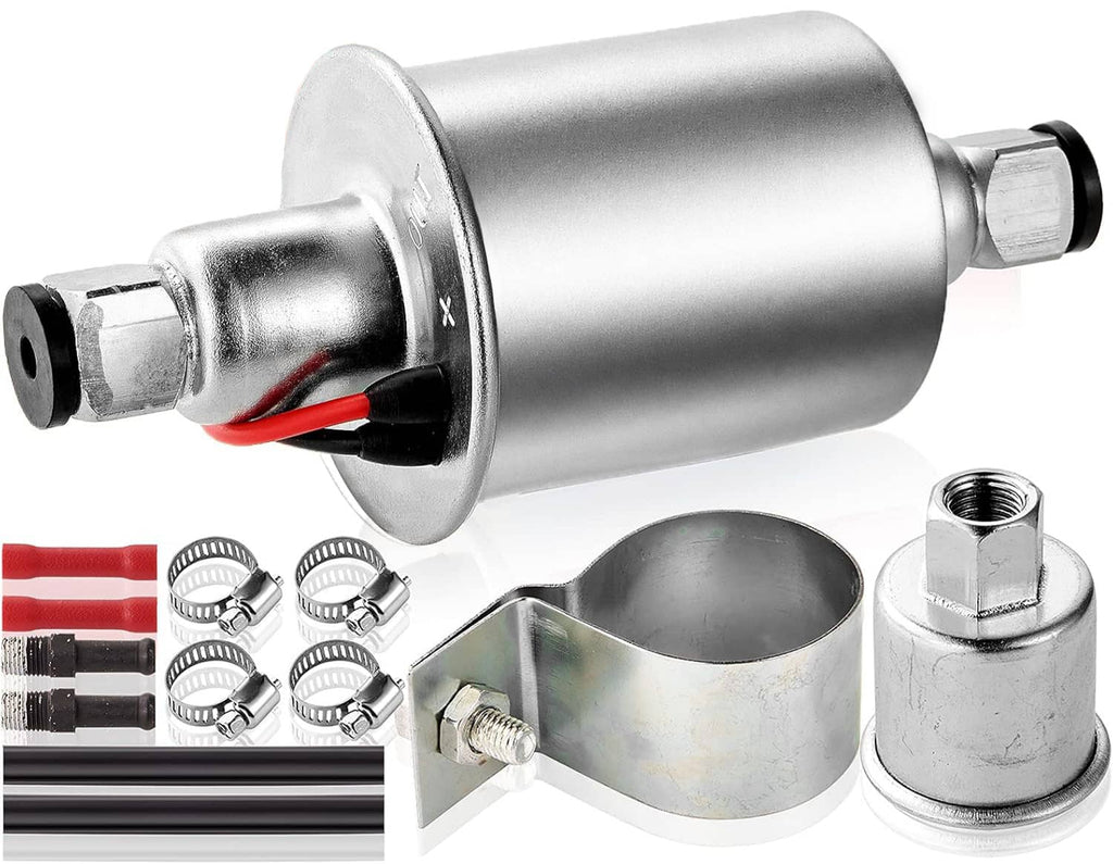 Metal electric fuel pump with 12V wiring and inlet/outlet fittings, cylindrical body