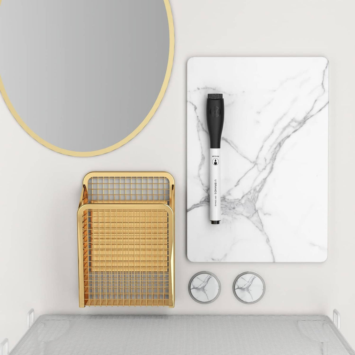 Locker organizer decorating kit with marble board, round mirror, marker, and mesh basket