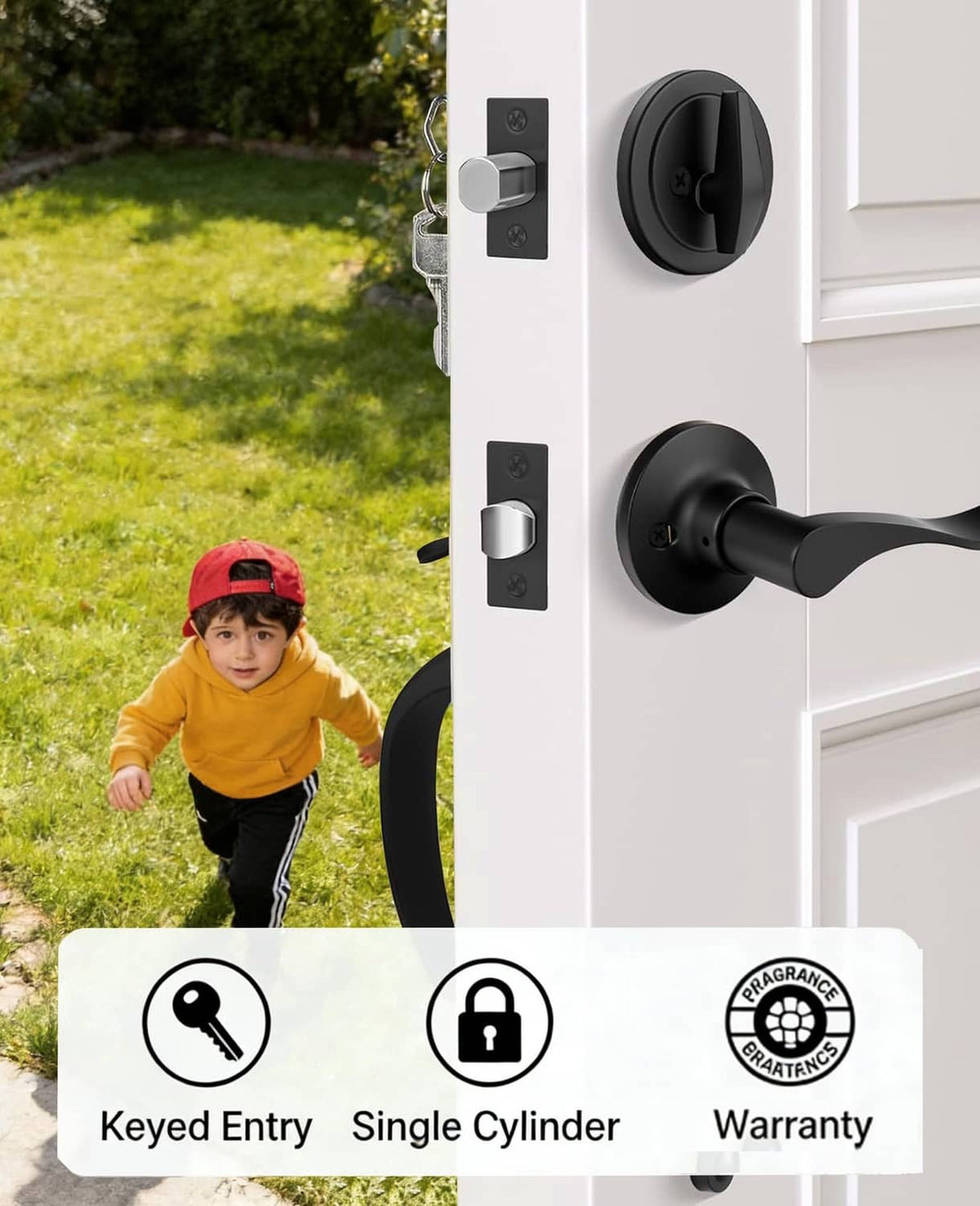 Matte black exterior handle and deadbolt set with key cylinder on front door