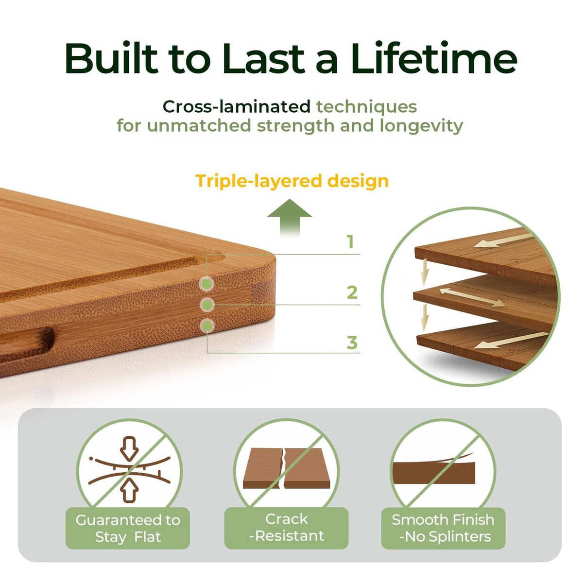 Edge view of a bamboo cutting board with triple-layer design and smooth finish