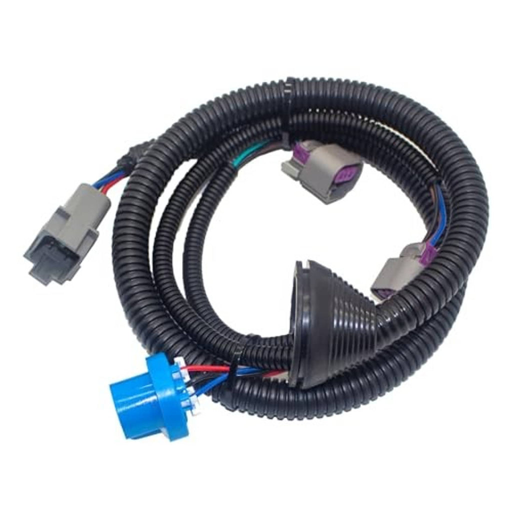 Black headlight wiring harness with gray plugs and blue connector end