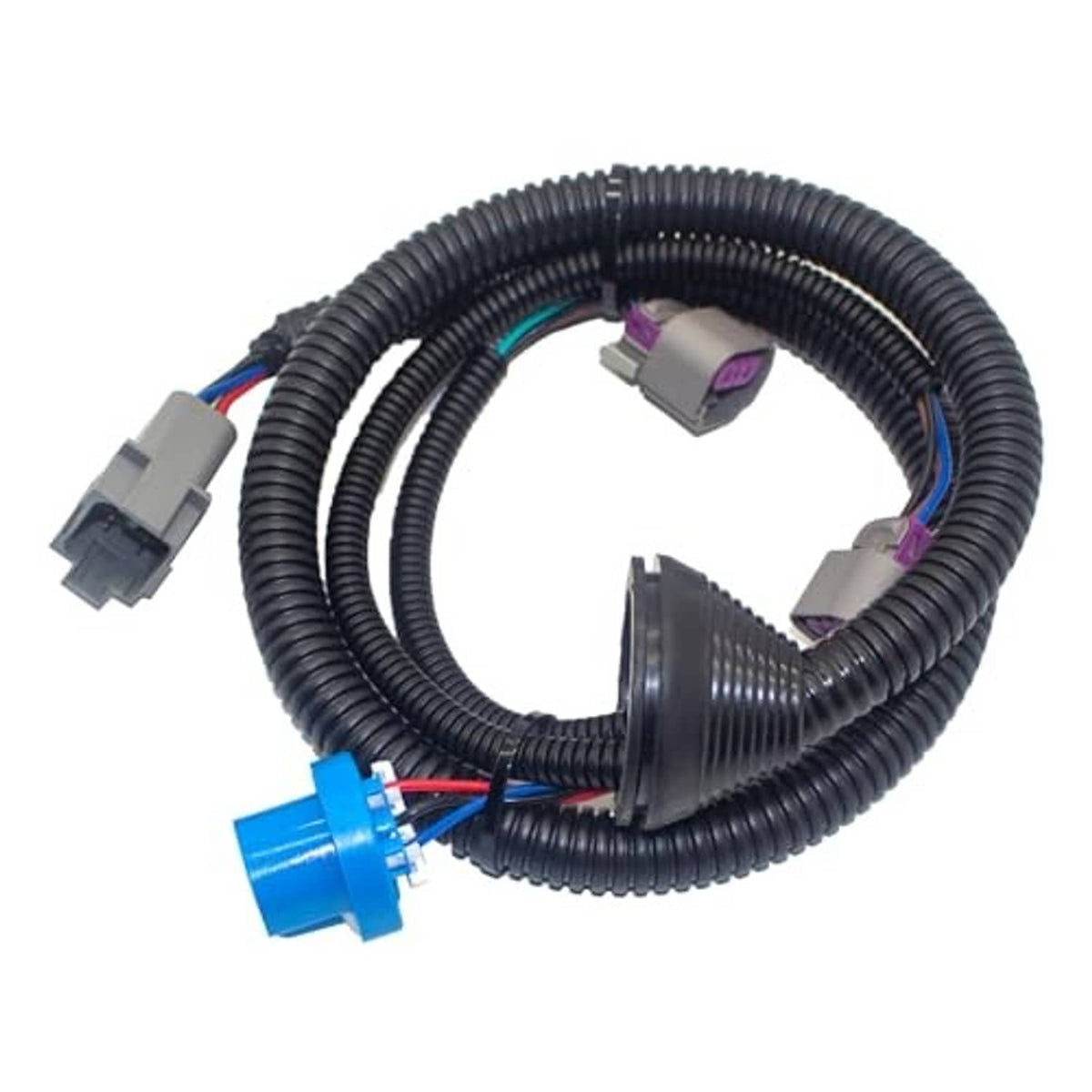 Black headlight wiring harness with gray plugs and blue connector end