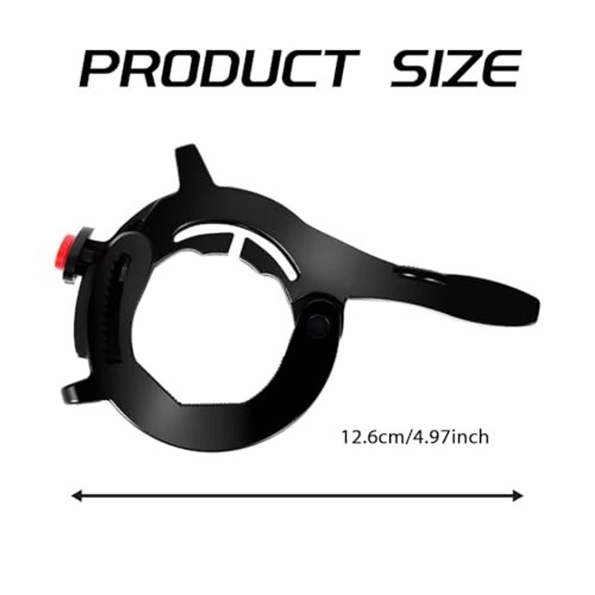 Black throttle clamp with red button and open circular grip ring for handlebars