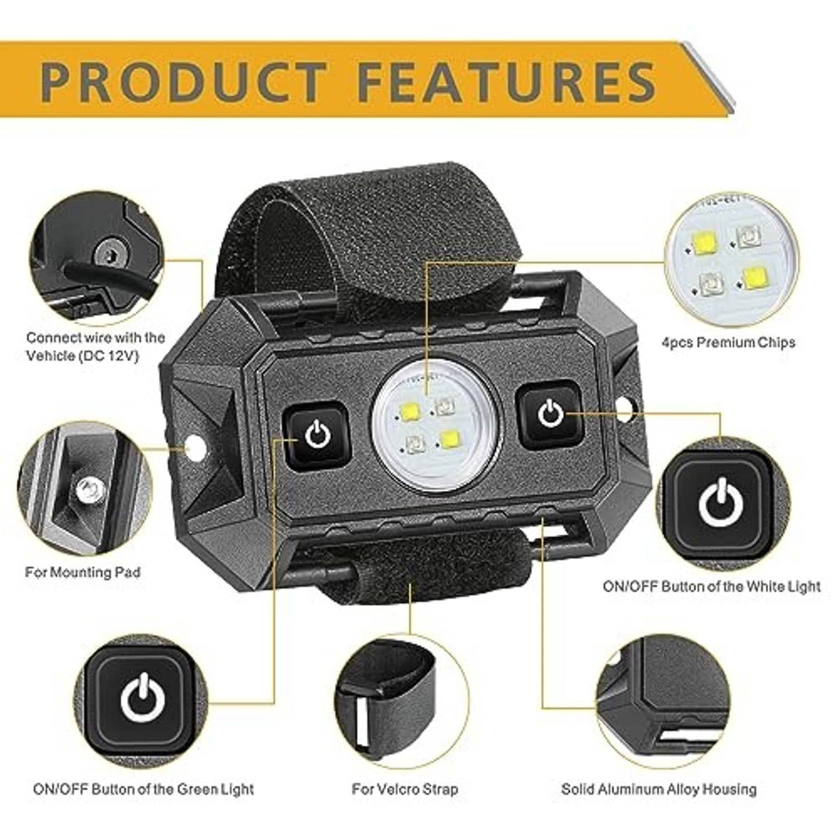Universal roll bar dome light with velcro strap, on/off buttons, and round LED lens