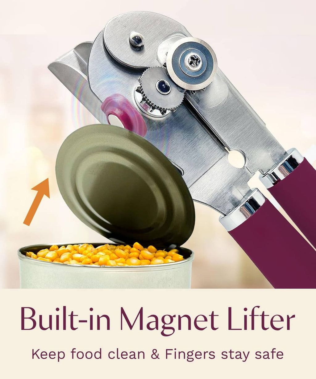 Manual can opener with built-in magnet lifting lid, mauve handles and stainless steel head