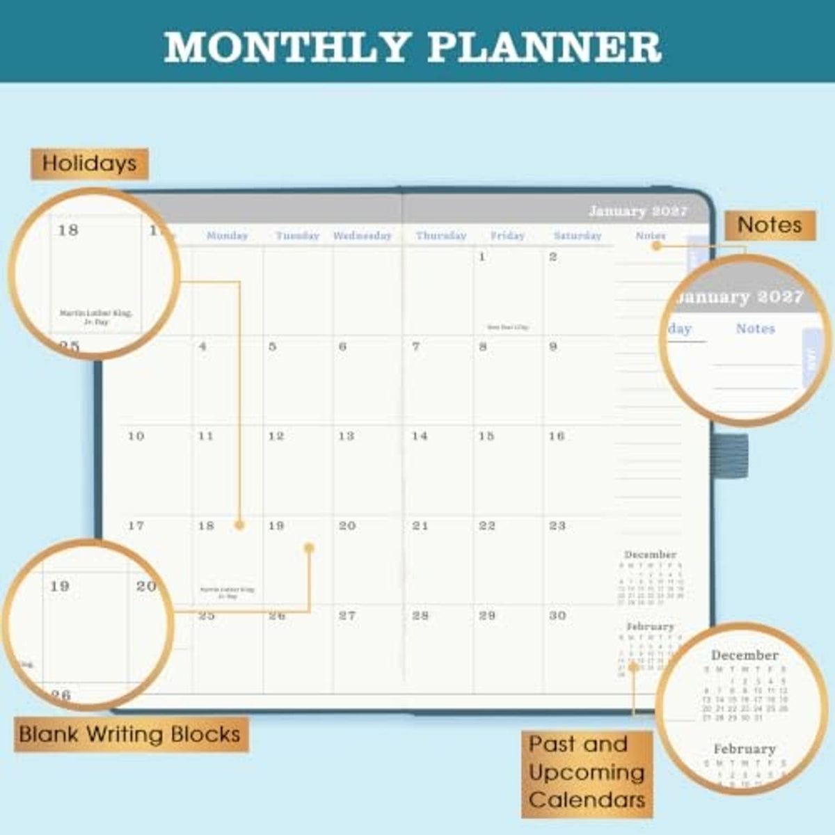 Monthly planner page with calendar dates, notes area, and blank writing blocks