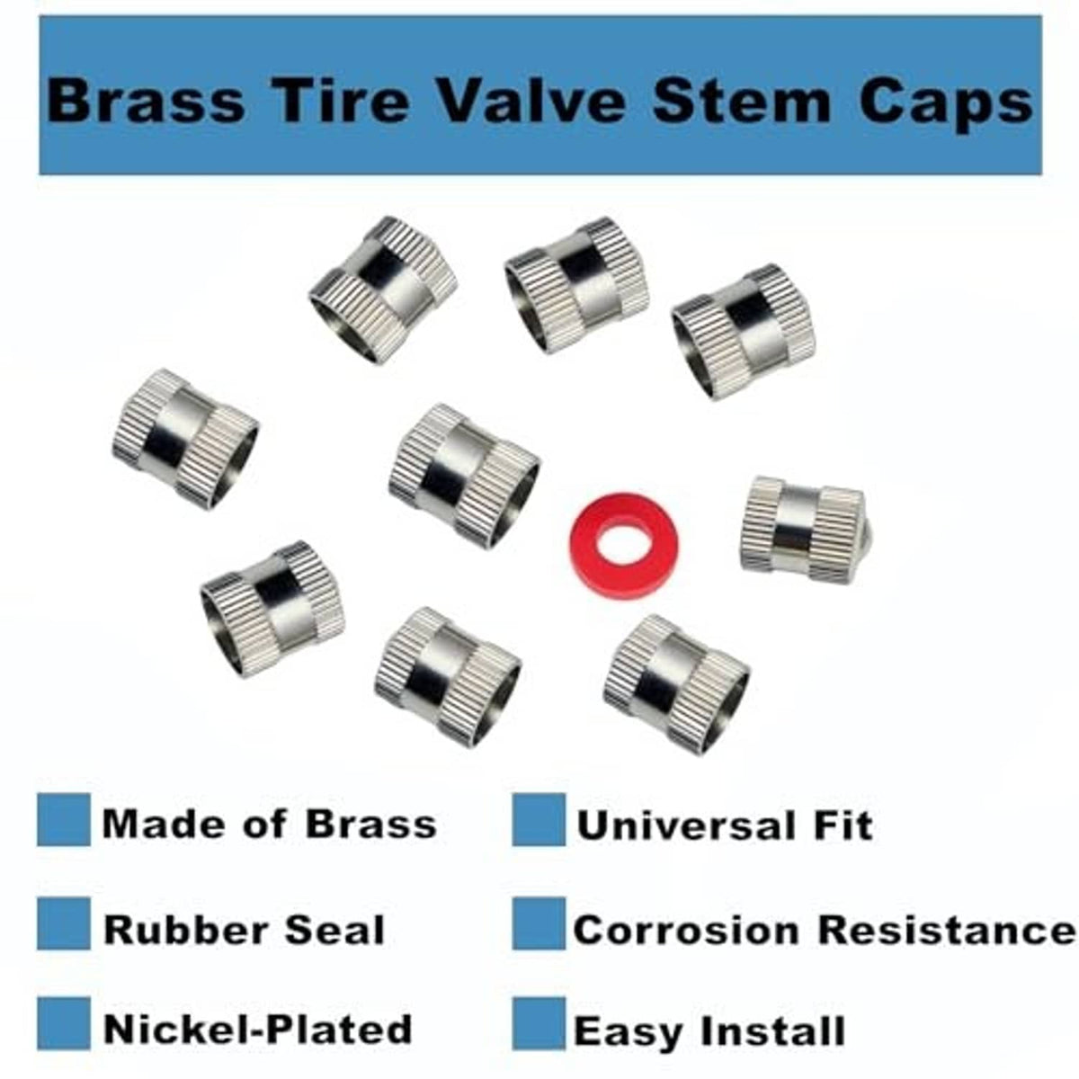 Brass tire valve stem caps with red rubber gasket, multiple caps shown