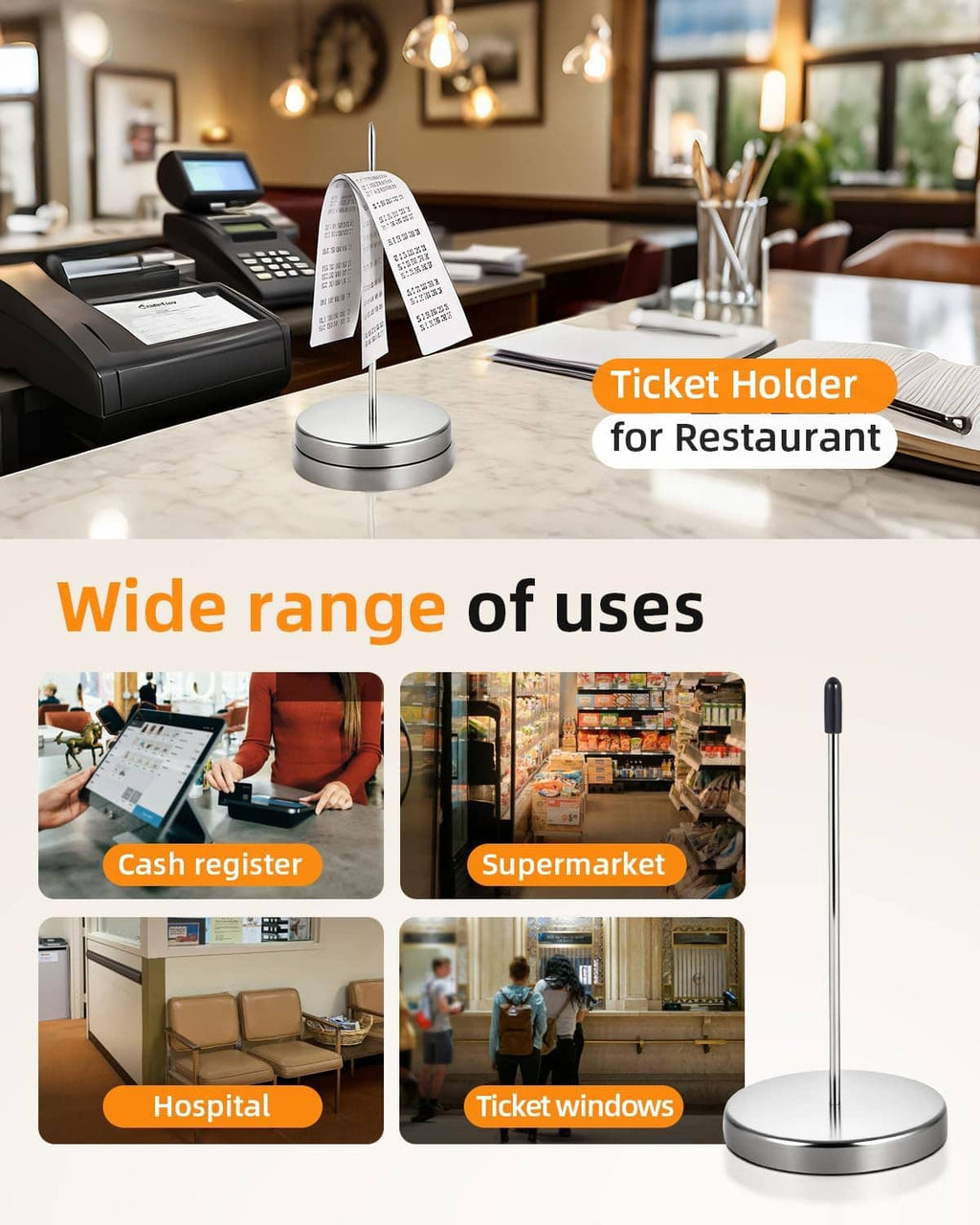 Stainless steel ticket holder stand with round base and tall spike for receipts