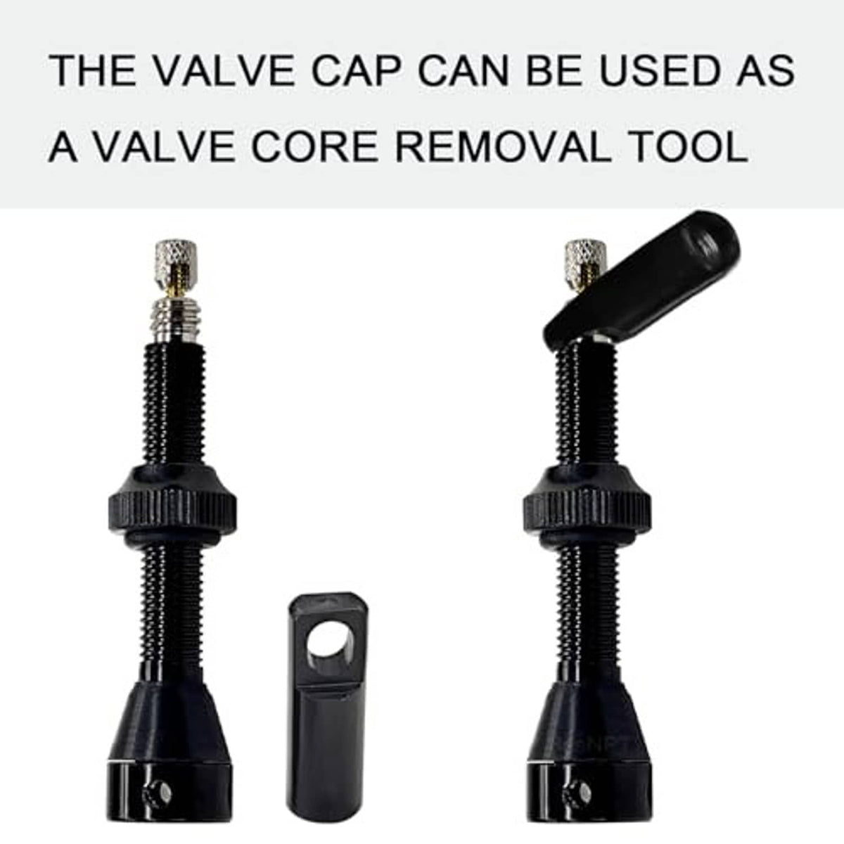 Valve stem cap used as a core-removal tool, shown with two valve stems
