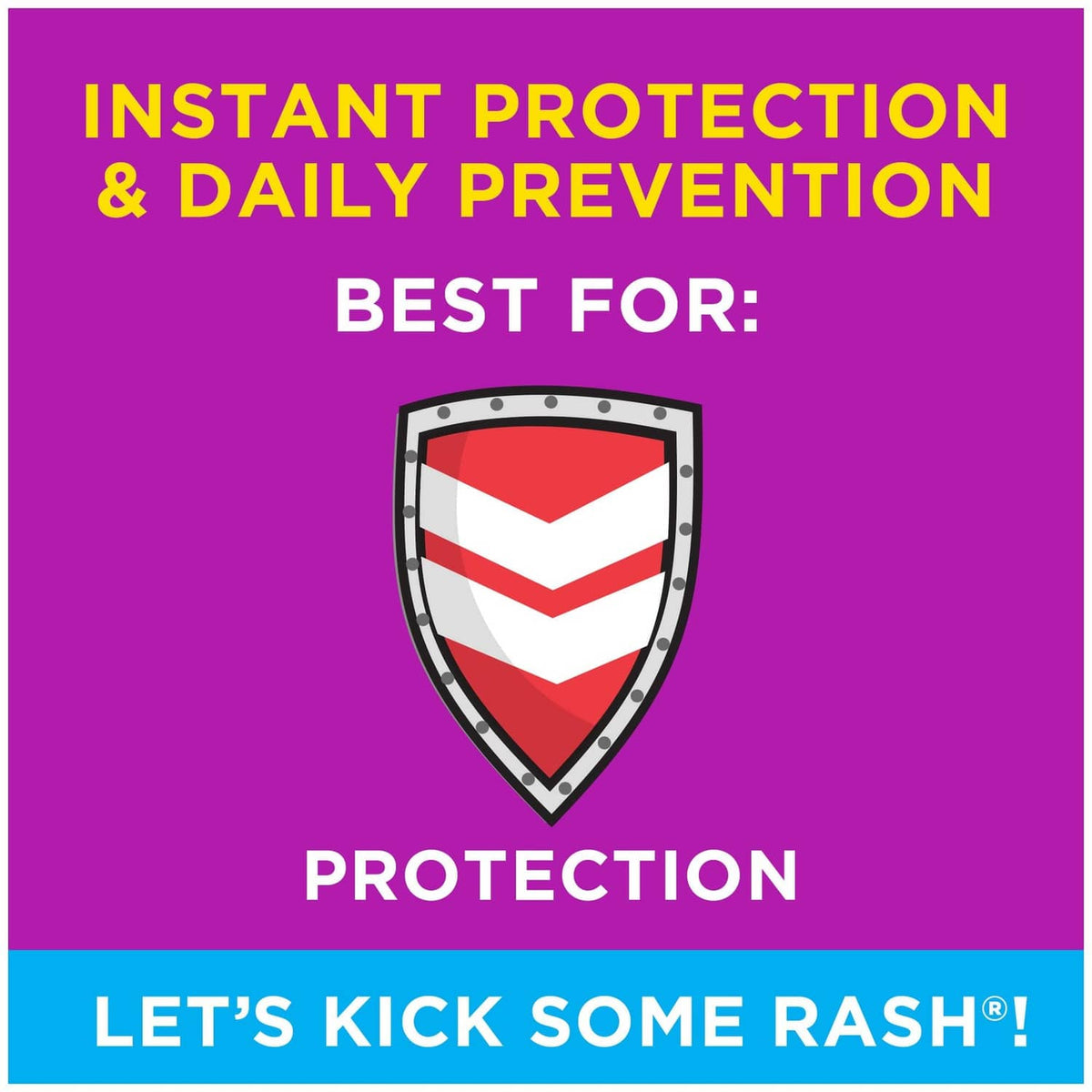 Purple label graphic with shield icon and 'Instant Protection & Daily Prevention' text