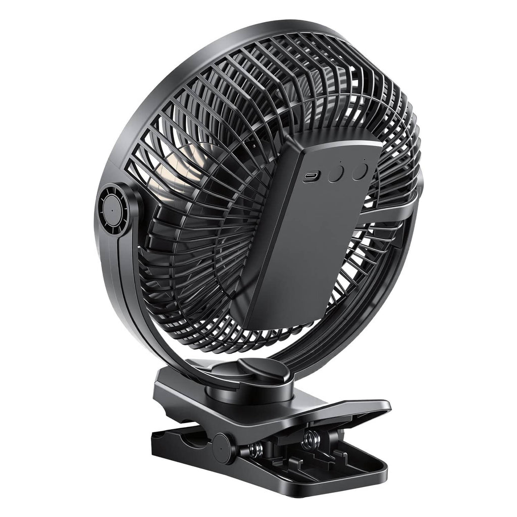 Black clip fan side view with front control buttons and tilt base