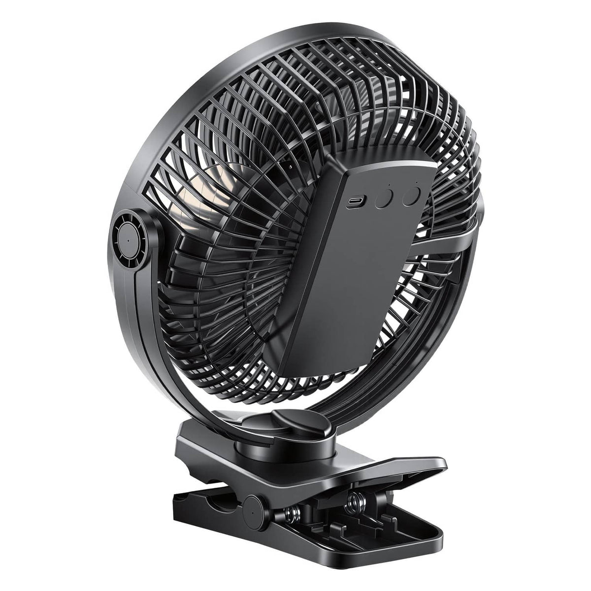Black clip fan side view with front control buttons and tilt base