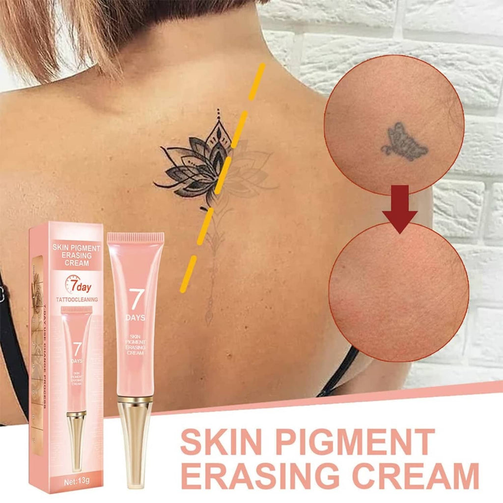 Tattoo erasing cream applied on skin with small butterfly tattoo; tube shown