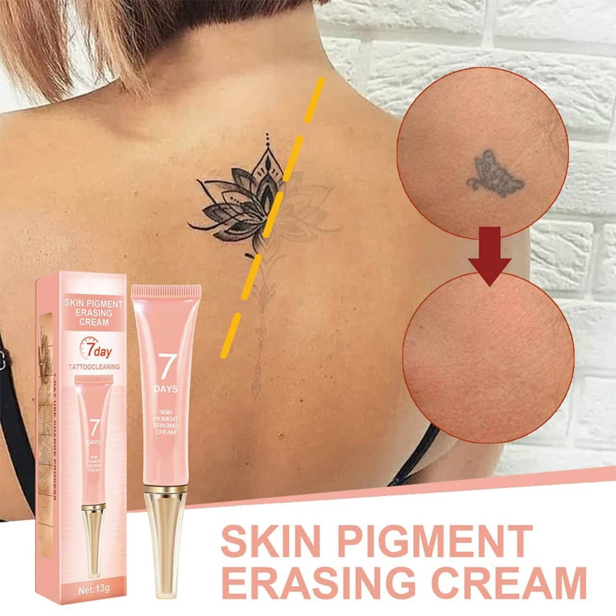 Tattoo erasing cream applied on skin with small butterfly tattoo; tube shown