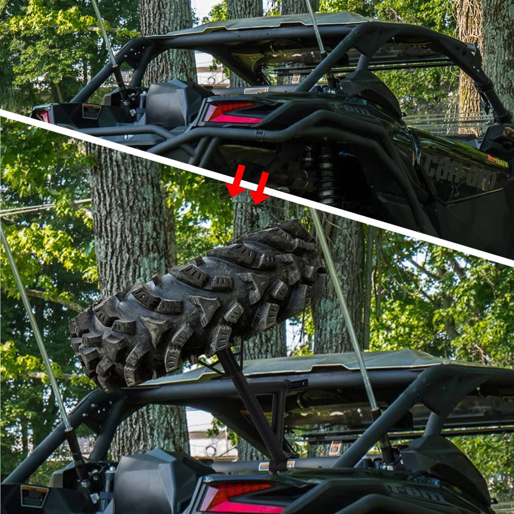 Spare tire carrier mount rack on ATV rear with spare wheel secured