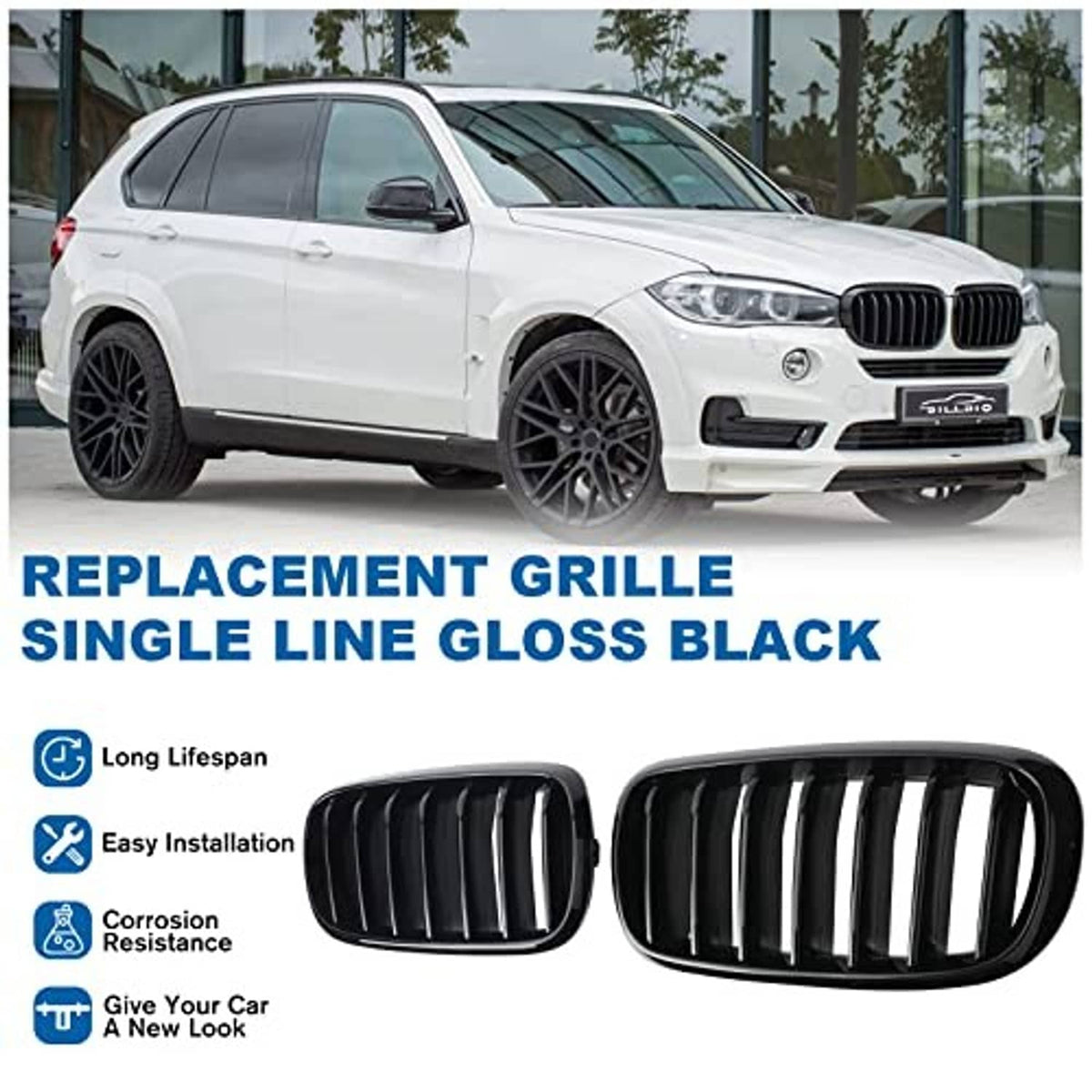 Gloss black replacement kidney grilles with single-line vertical slats, front grille set.