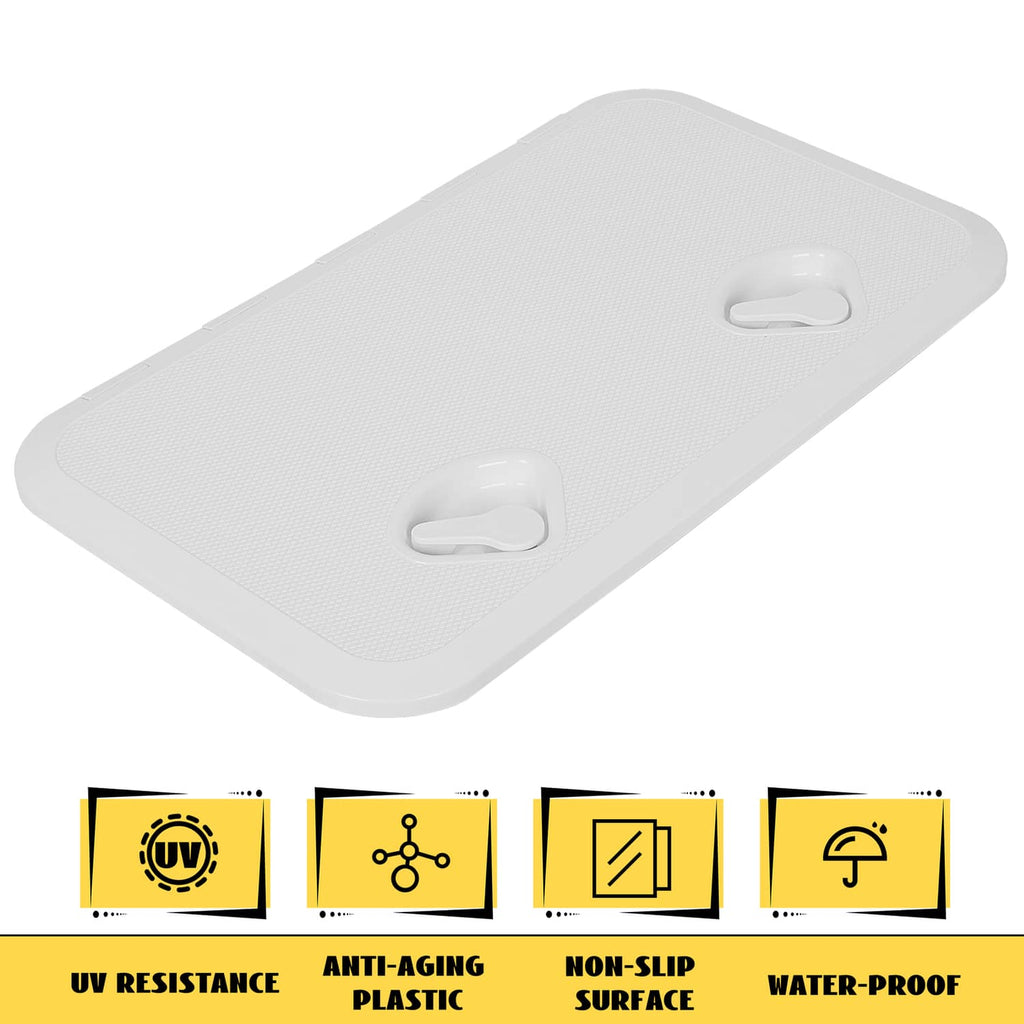 White hatch lid with textured top surface and recessed pull handles