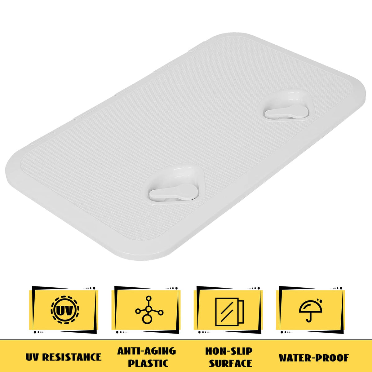 White hatch lid with textured top surface and recessed pull handles