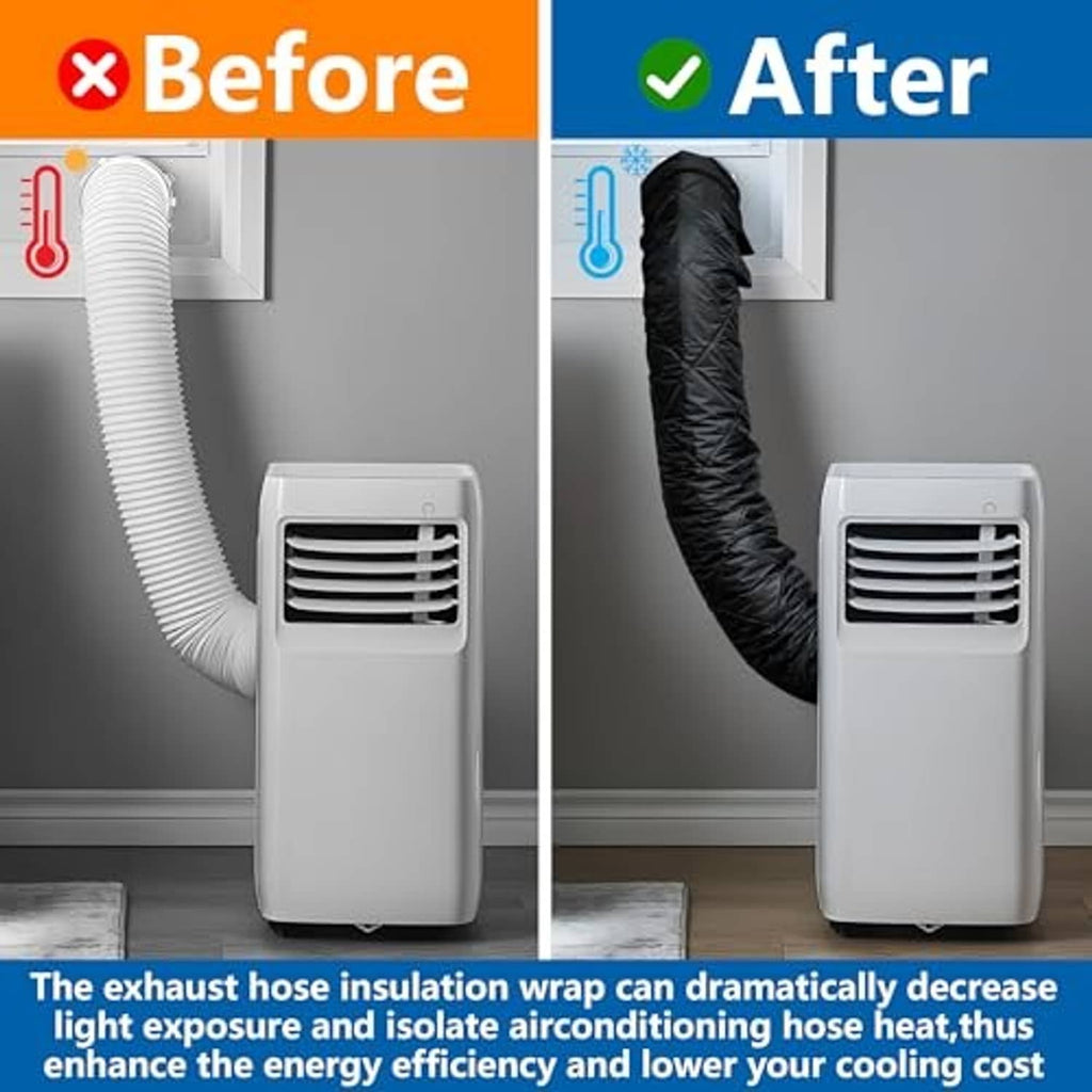 Black quilted AC hose insulation wrap for exhaust hose, shown before and after use