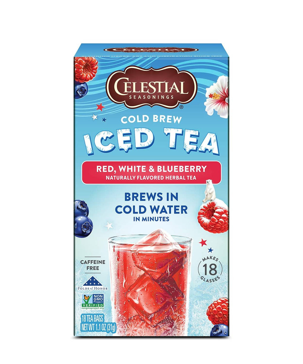 Celestial Seasonings cold brew iced tea box for red, white & blueberry