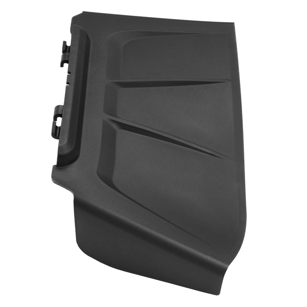 Black discharge chute with side latch bracket and molded panel texture.