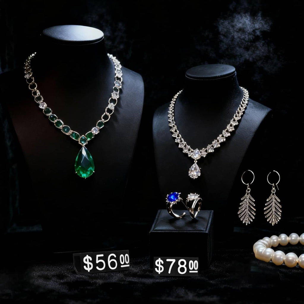 Necklace and earring display with black price tags showing $56.00, $78.00 amounts