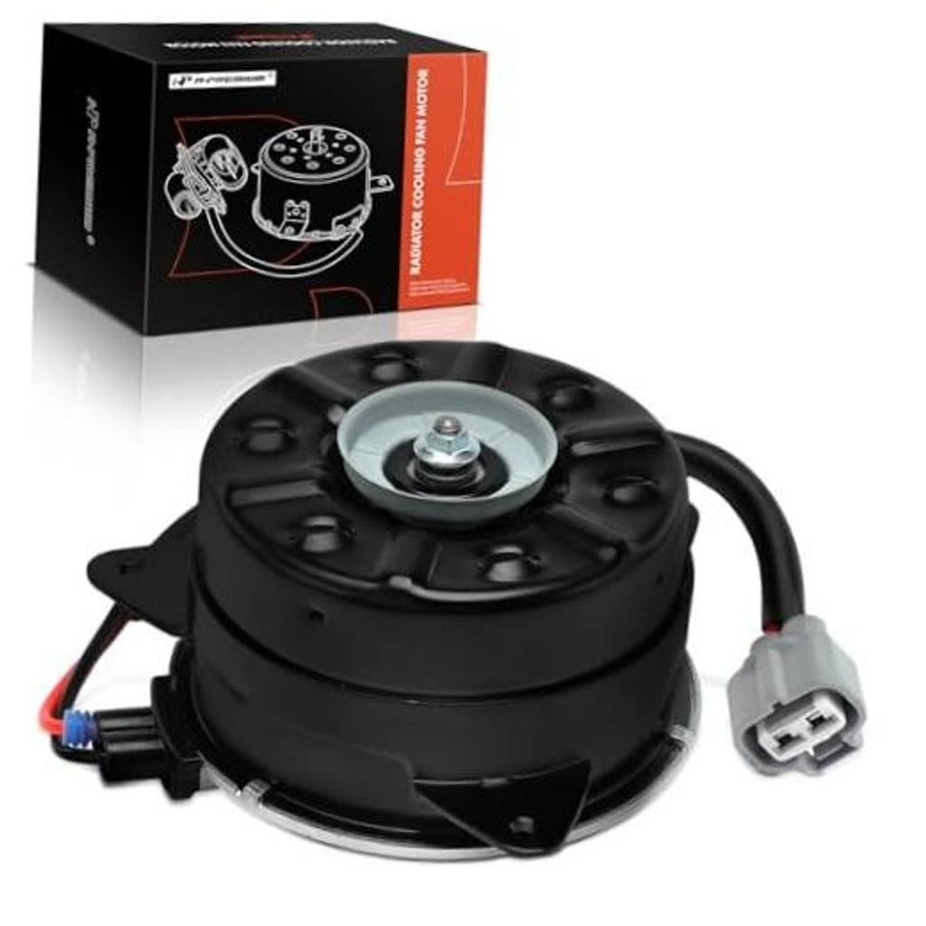 Black radiator fan motor with circular hub and two-wire electrical connector