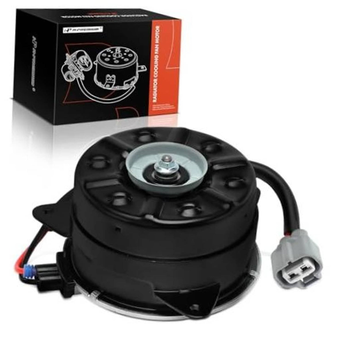 Black radiator fan motor with circular hub and two-wire electrical connector