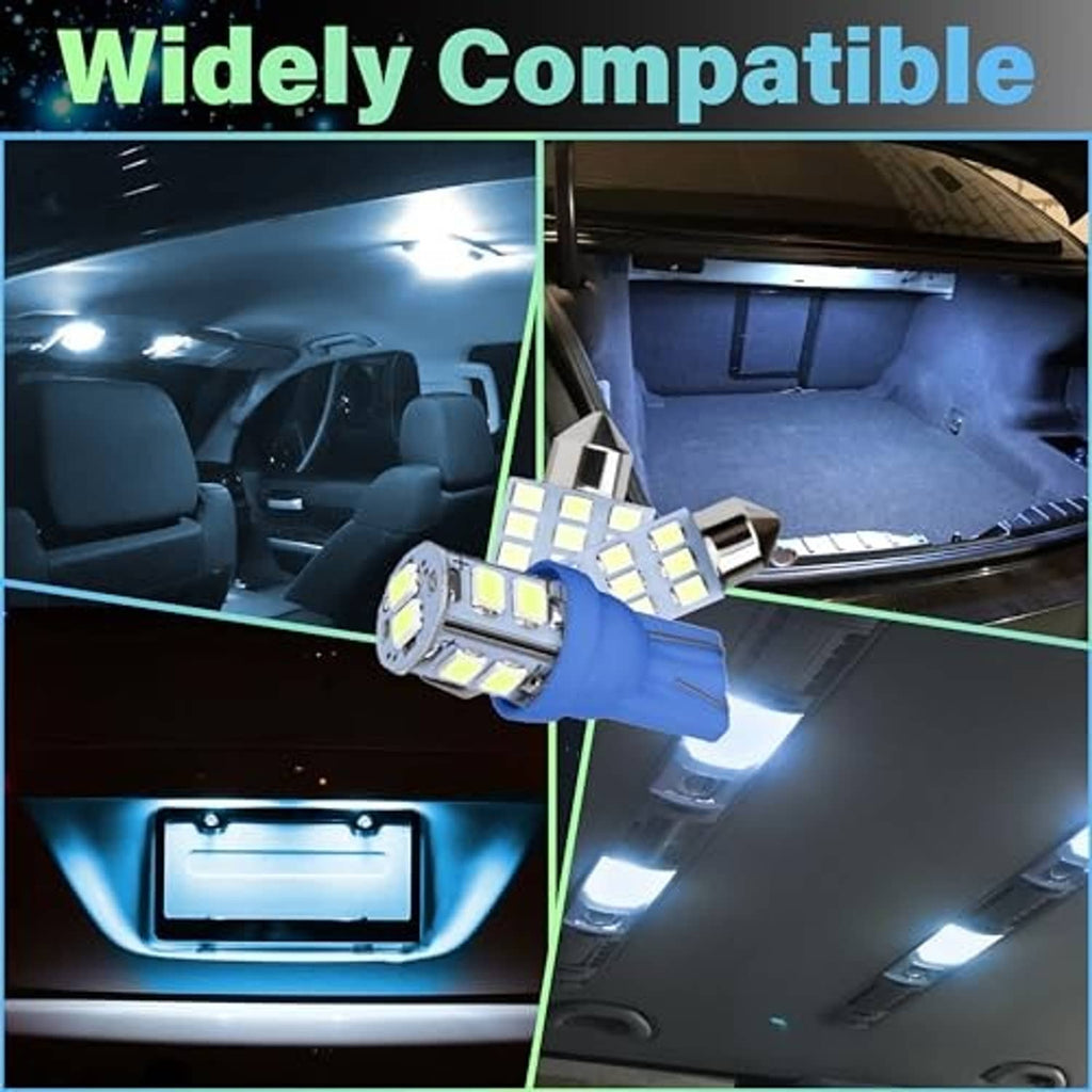 Ice blue T10 LED dome bulb shown for car interior ceiling lighting