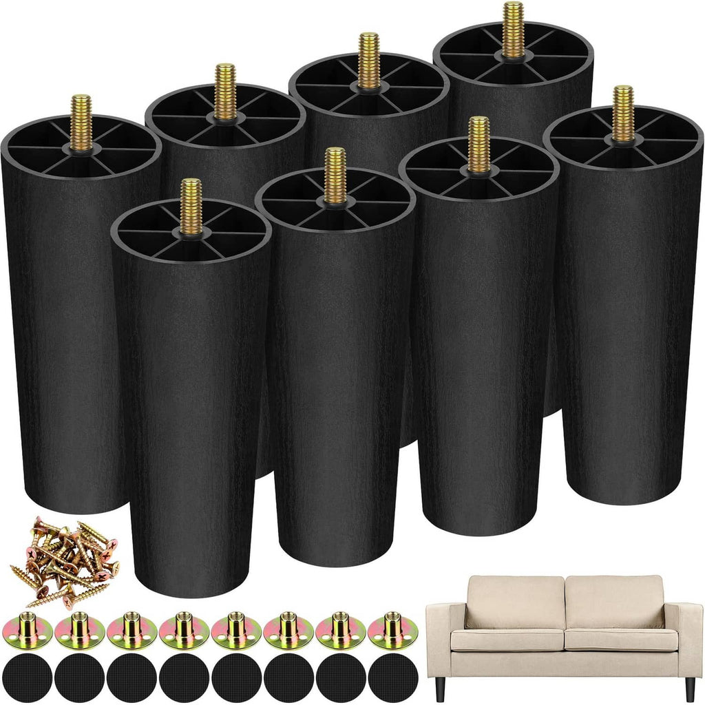 Black 6-inch plastic furniture legs, 8-pack, with M8 screws and T-nuts