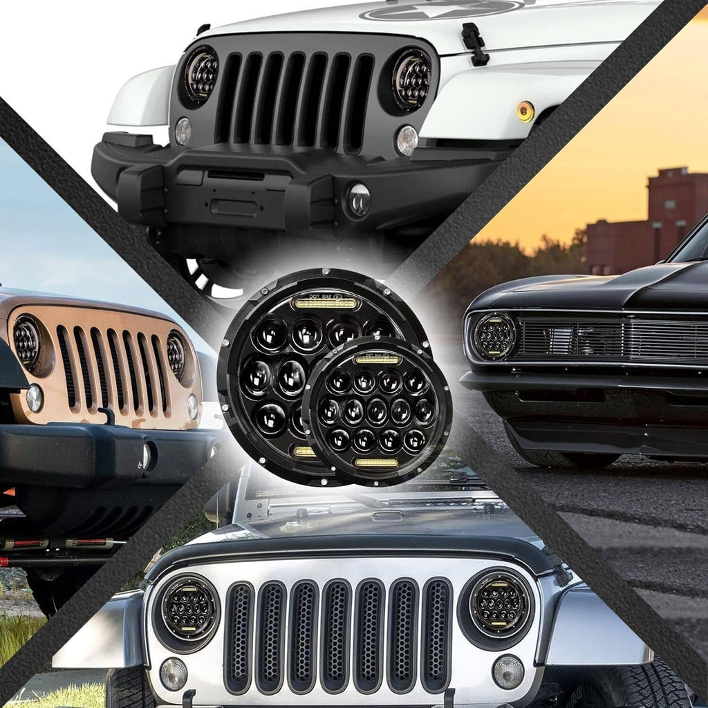 Round LED headlights installed on a Jeep grille, black housings with bright white LEDs